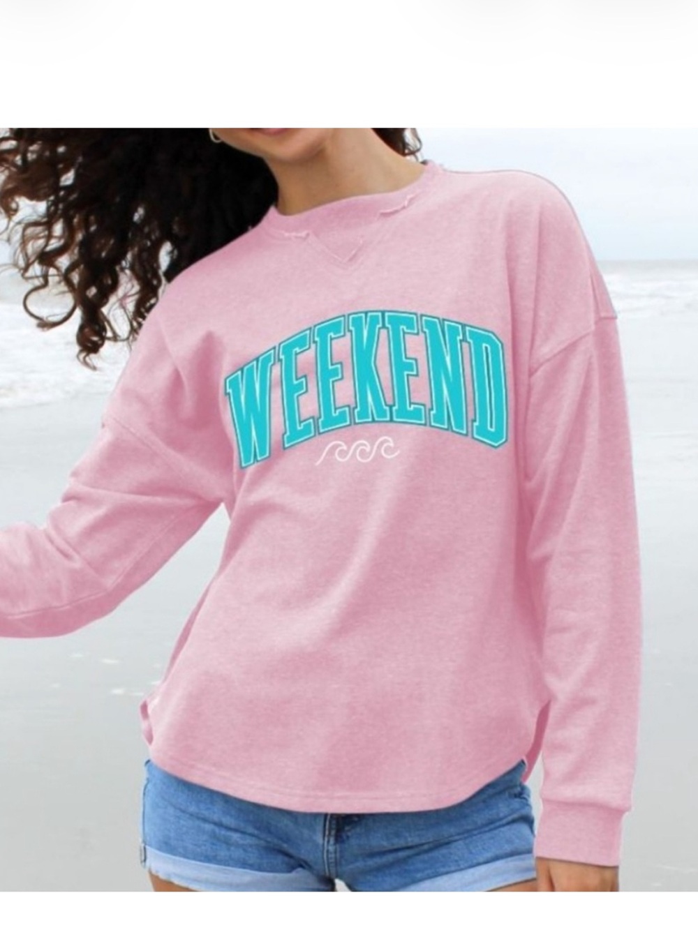 Simply Southern Boxy Pink Pullover with Teal WEEKEND Graphic
